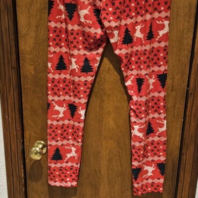 Juniors SZ L Leggings Pajama Bottoms Red/White Christmas Theme Reindeer Tree